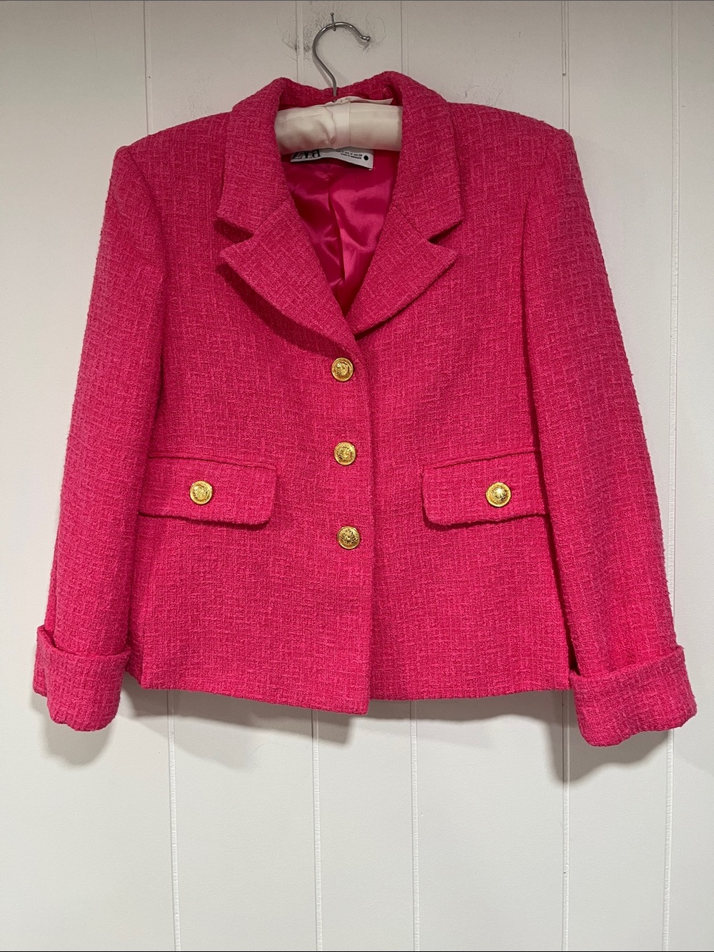 Zara Hot Pink Tweed Blazer with Gold‎ Buttons